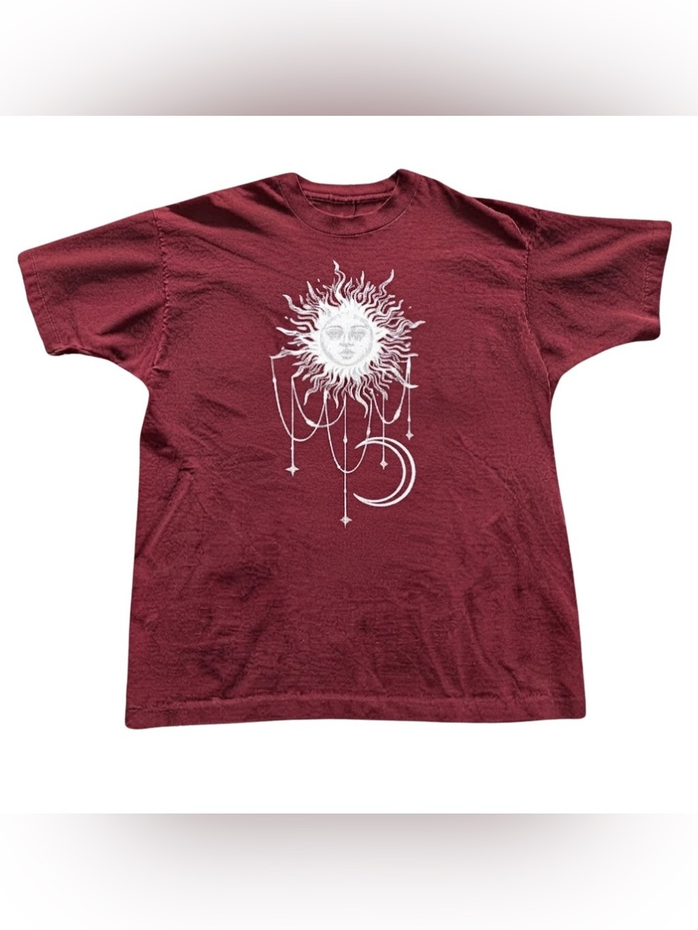 Vintage Maroon Celestial Sun Moon Stars Graphic T Shirt